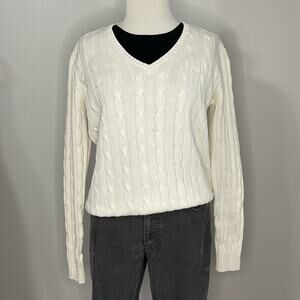 Chaps Ivory V-Neck Cotton Cable Knit Sweater Size M